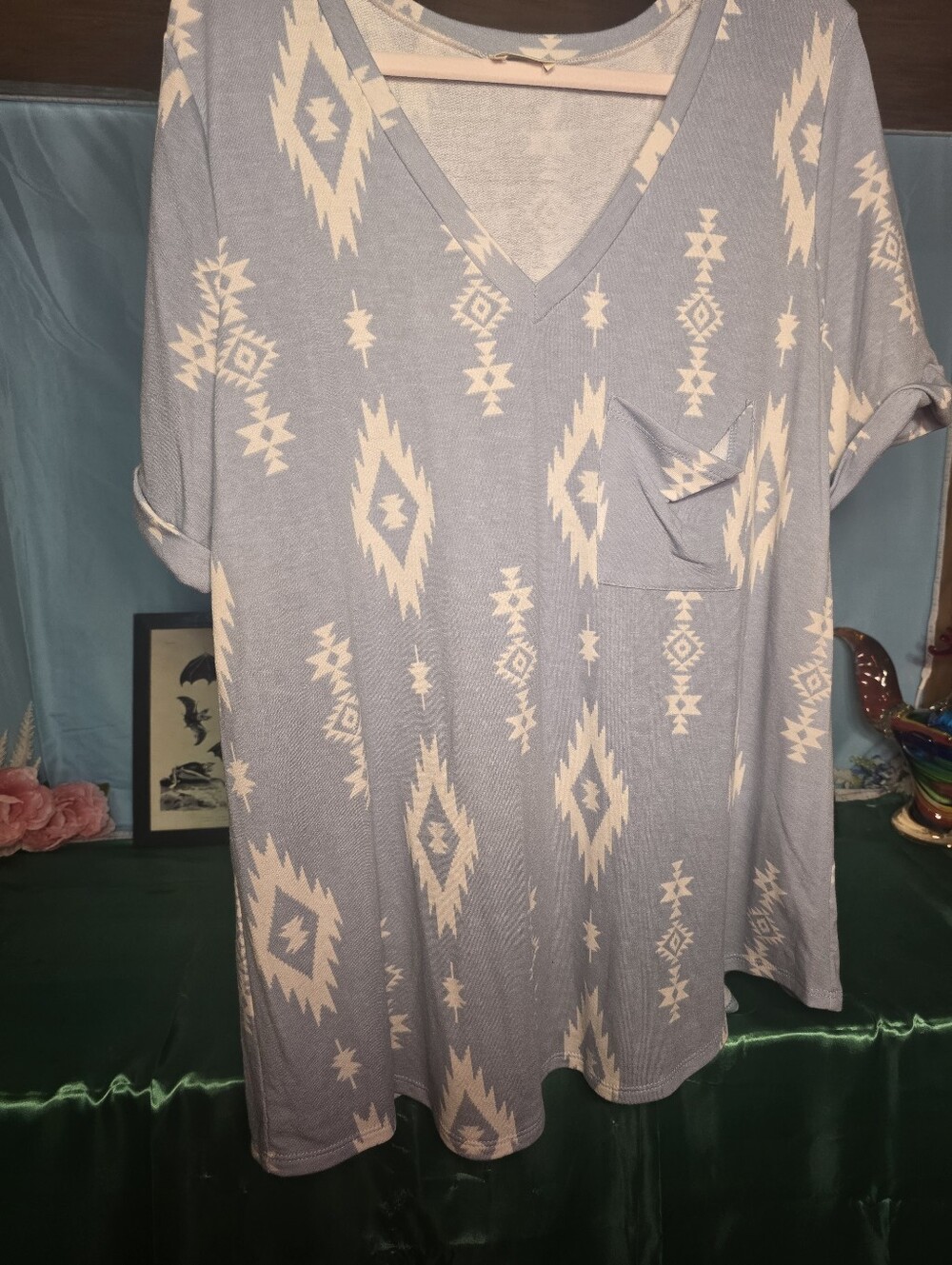 Casual V-Neck Aztec Print Top - Light Blue and Cream